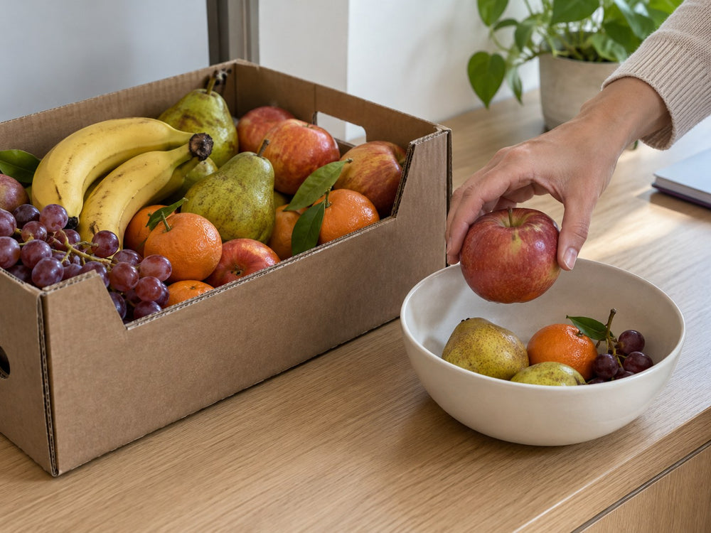 Ein Apfel wird aus einer Obstkiste in eine Schale in der Büroküche gelegt.