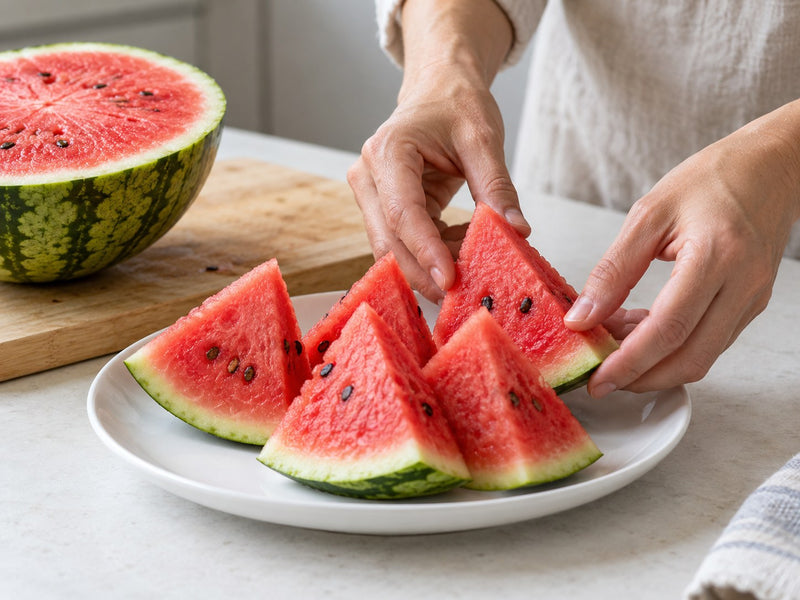 Hände richten frische Wassermelonenscheiben auf einem weißen Teller an.