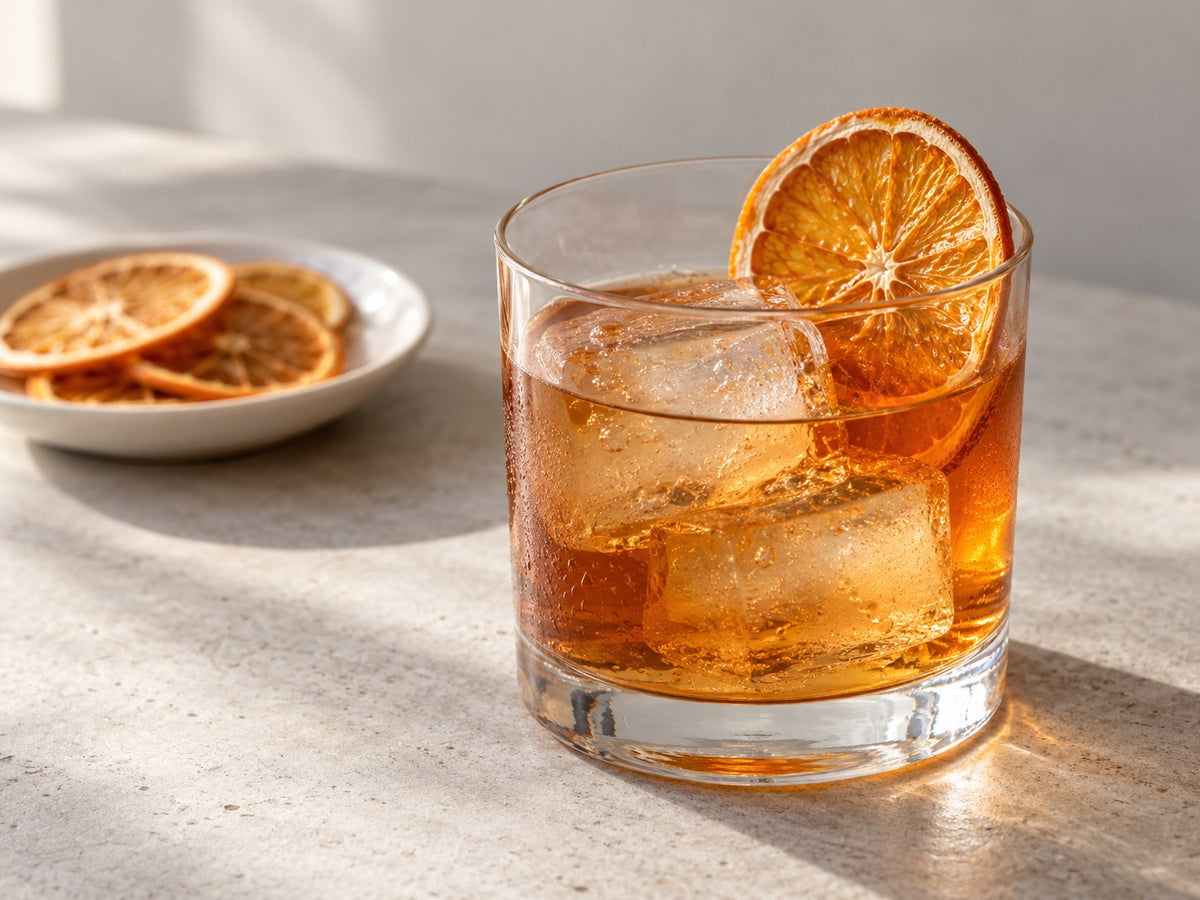 Cocktail mit getrockneten Zitrusfrüchten als Garnitur in einer Bar.