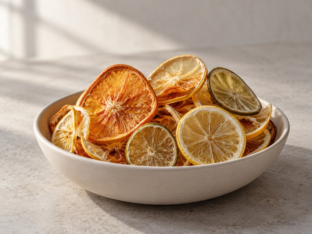 Getrocknete Orangen-, Zitronen- und Limettenscheiben in einer Keramikschale.