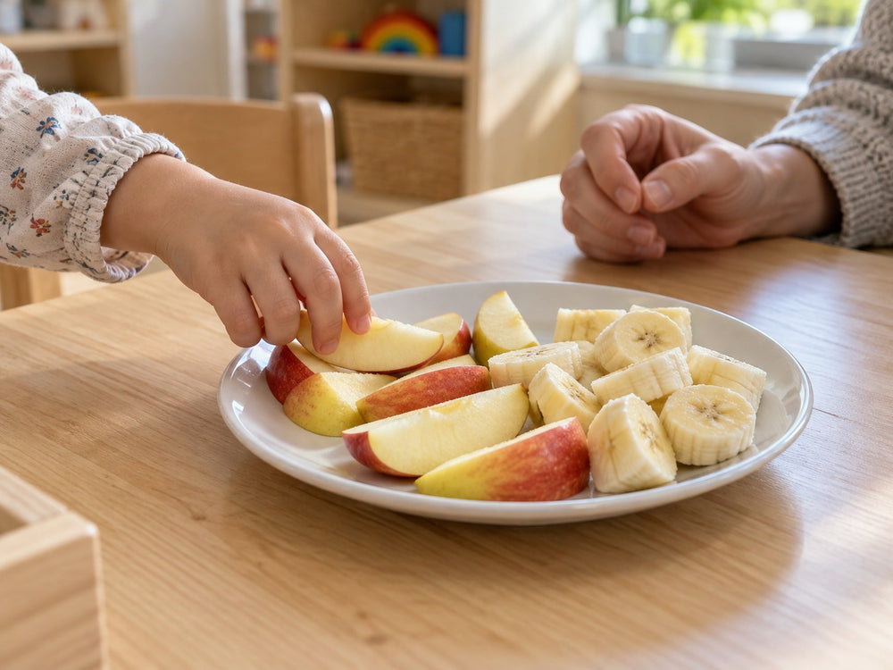 Eine Kinderhand nimmt ein Apfelstück vom Teller am Kita-Tisch.