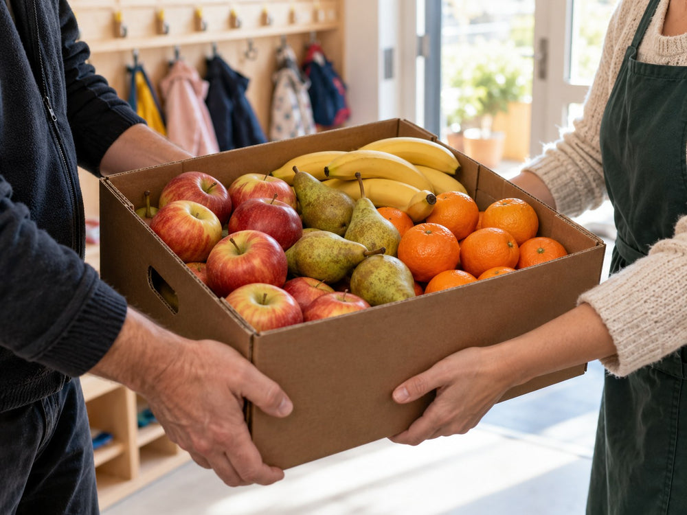 Eine gefüllte Obstkiste wird am Eingang einer Kita übergeben.
