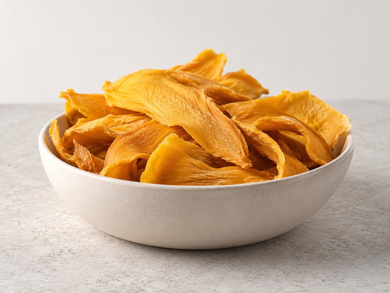 Getrocknete Mangostreifen in einer hellen Keramikschale.