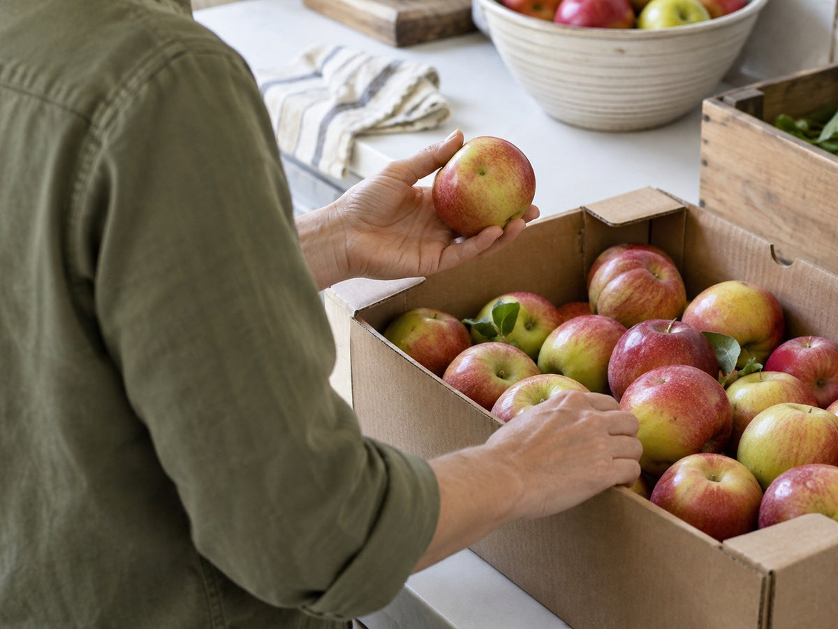 Eine Hand wählt einen Apfel neben einer gefüllten Obstkiste aus.