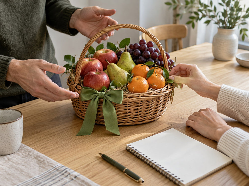 Hände besprechen die Zusammenstellung eines Obstgeschenkkorbs am Tisch.