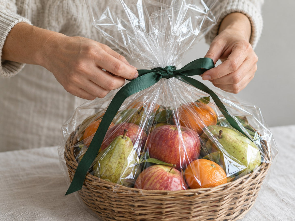 Hände binden eine grüne Schleife um einen transparent verpackten Obstgeschenkkorb.