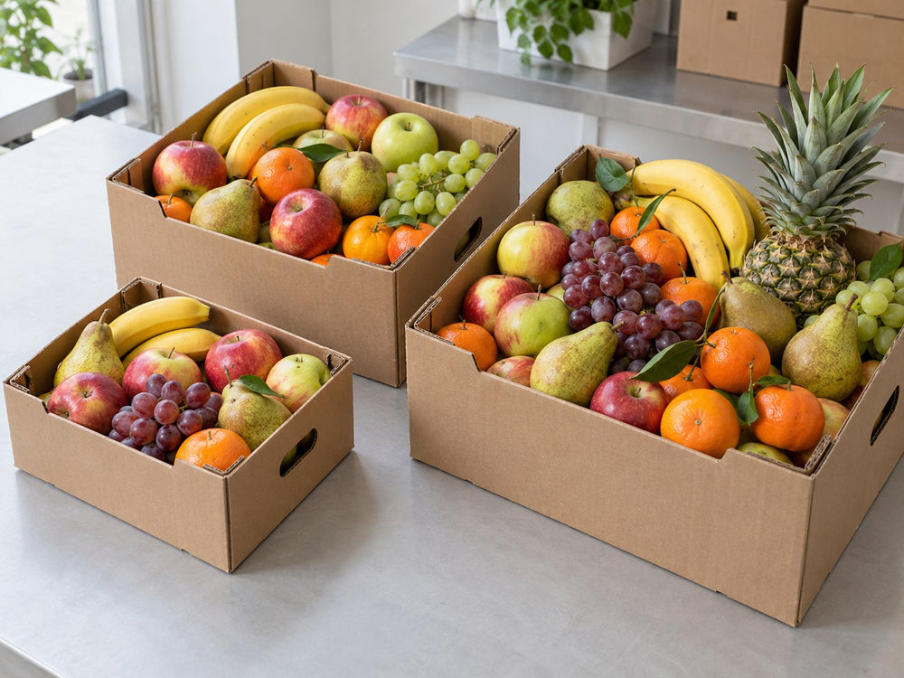 Drei unterschiedlich große Obstkisten mit dicht gepackten frischen Früchten.