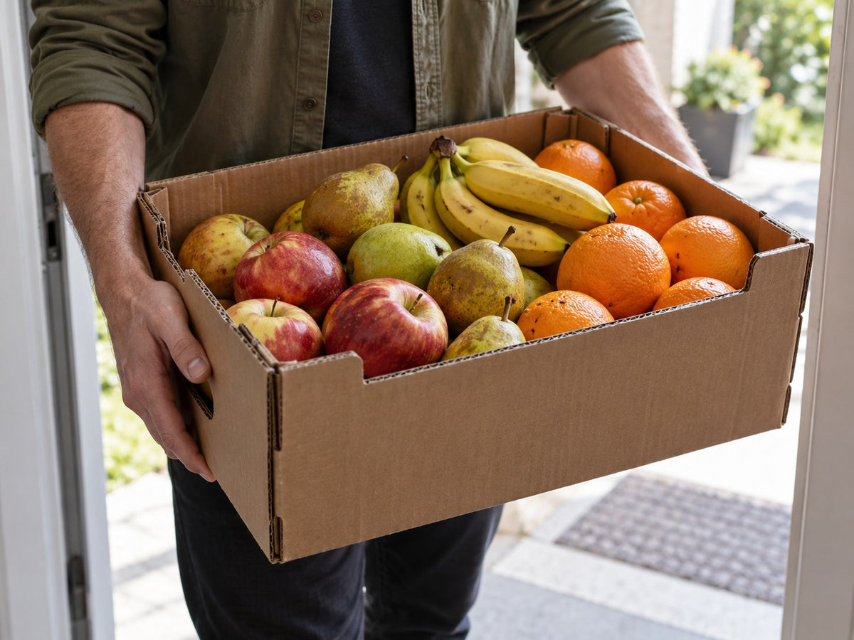 Eine frische Obstkiste wird an einem Unternehmenseingang übergeben.