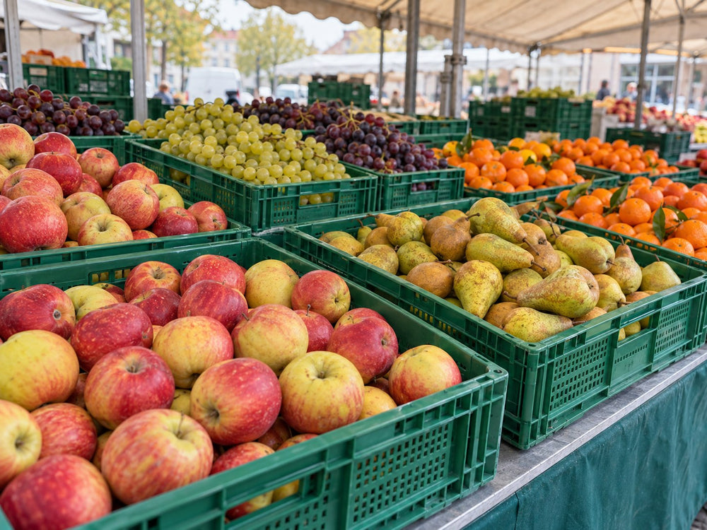 Wochenmarktstand mit frischem Obst in grünen Europool-Kisten.