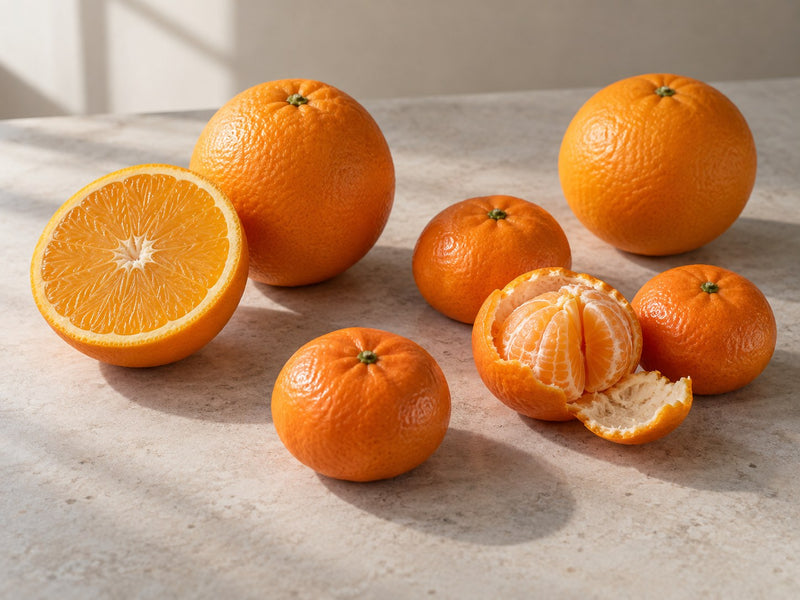 Orangen und Mandarinen, teilweise aufgeschnitten oder geschält.